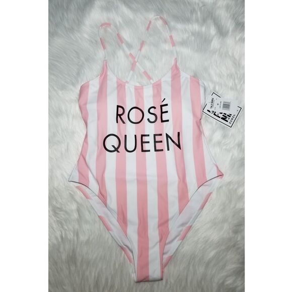 NWT|Rosé Queen One-Piece Cross-Back Striped Swimsuit, MEDIUM - Picture 2 of 8